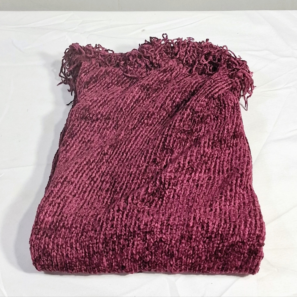 Ladies 48" X 7" Red Wine/Burgundy Double Thick Handmade Fringed Scarf